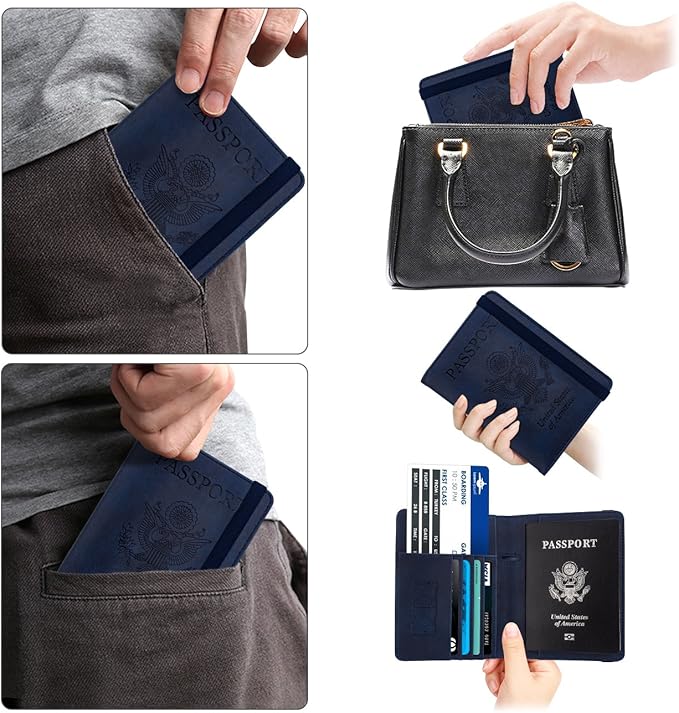 WALNEW Passport Holder for Travel, RFID Passport Cover Wallet for Women Men, PU Leather Passport Book Card Holder Case with Pen (Elastic Band Closure, A-Navy Blue)