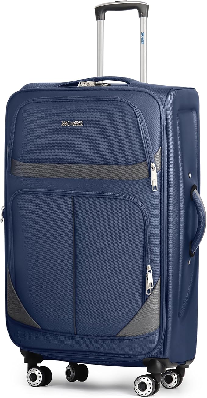 28" Large Softside Expandable 15% Checked Luggage with Double Spinner Wheels LOCK,Lightweight Travel Suitcase for Men/Women（Navy-Grey,28in）