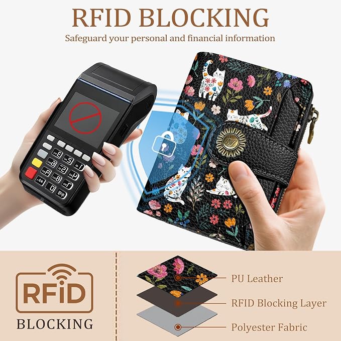 Icycay Flowers Cat Wallet Women Small RFID Blocking Bifold, Cute Credit Card Holder, Zipper Coin Pocket, PU Leather, Compact, Travel, 4 ID Window, 14 Card Slots, Cash Purse, Ladies Woman Female Girls