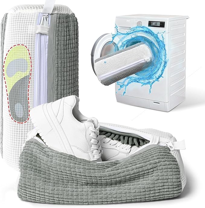 Anybar Shoe Washing Machine Bag –2 Pcs Reusable Laundry Shoe Bag 360° Deep Cleaning Sneaker Washing Machine Bag Fits All Shoe Types Microfiber Inside with Self-locking Zipper (Grey)