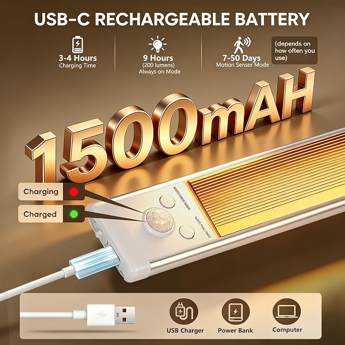 2Pack Under Cabinet Lighting Wireless Rechargeable Sensor Light Indoor with 3 Color Temps & Dimmable Led Lights,Magnetic Under Counter Lights Decorative Light for Kitchen/Stairs/Bedroom (9.5in)