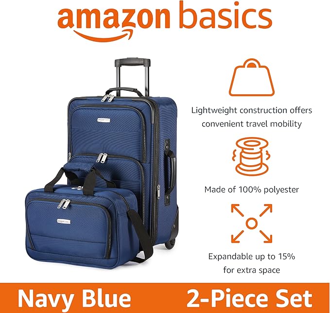 Amazon Basics Softside Luggage Set, 23-Inch Expandable Suitcase with Wheels and 15-Inch Tote, Extra Space (+15%), Front Pockets, Telescopic Handle, Navy Blue