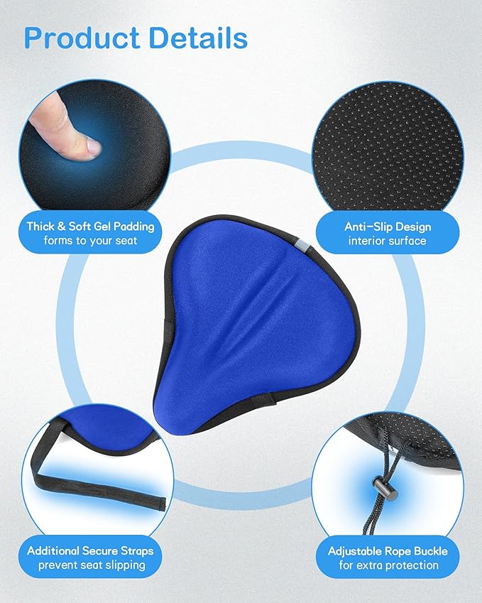 Bike Seat Cushion, Gel Bike Seat Cover, Bicycle Seat Cushion Covers for Women Men Comfort Compatible, Suitable for Outdoor and Indoor (11x10 inch)-Blue