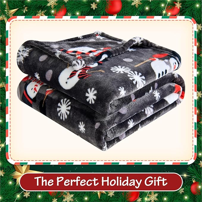 Grey Christmas Throw Blanket - Soft Warm Cozy Fleece Winter Throw, Holiday Blanket with Snowman & Snowflake Design, 60x80 Inches,Grey