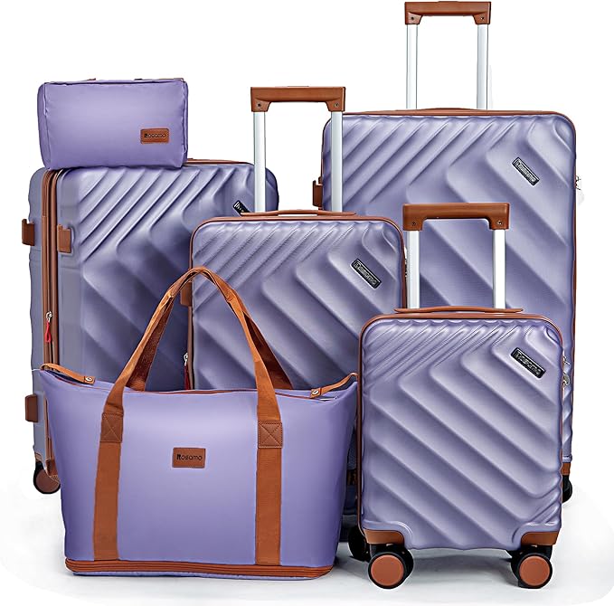 6 piece Luggage Set Expandable Suitcase 22x14x9 Airline Approved Carry on, ABS Hard Case Suitcases with Spinner Wheels, TSA Lock, (Purple)