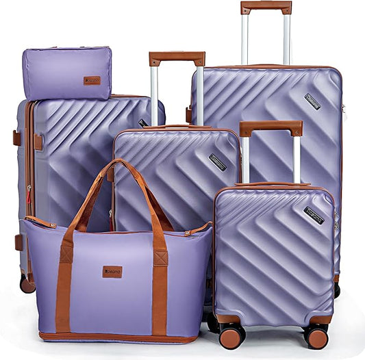 6 piece Luggage Set Expandable Suitcase 22x14x9 Airline Approved Carry on, ABS Hard Case Suitcases with Spinner Wheels, TSA Lock, (Purple)