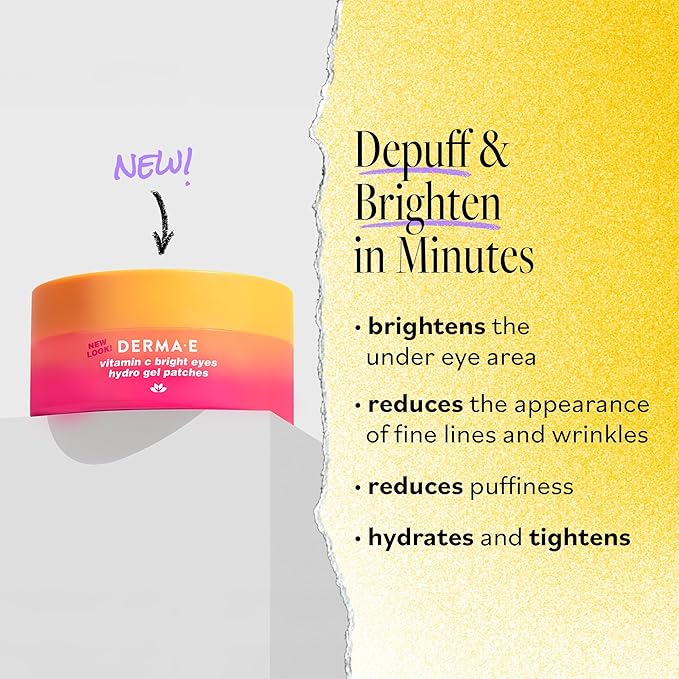Derma E Vitamin C Bright Eyes Hydro Gel Under Eye Patches for Dark Circles (60 Ct, 30 Pairs) Allantoin, Caffeine & Vitamin B3, Eye Patches for Fine Lines, Wrinkles, Dark Circles & Puffy Eyes