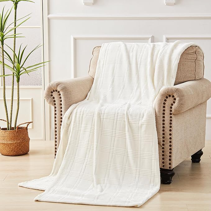 Soft Cozy Plaid Fleece Throw Blanket, 50x60 Inches – 3D Jacquard Diamond Design, Lightweight Blanket for Couch, Sofa, Camping & Travel, Ivory White