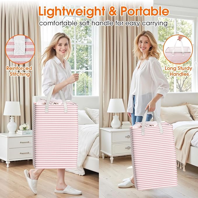 3 Pack Large Laundry Basket,Waterproof & Freestanding Laundry Hamper,Collapsible Clothes Hampers with Easy Carry Long & Reinforced Handles in Bathroom,College Dorm(75Lx3,Pink)