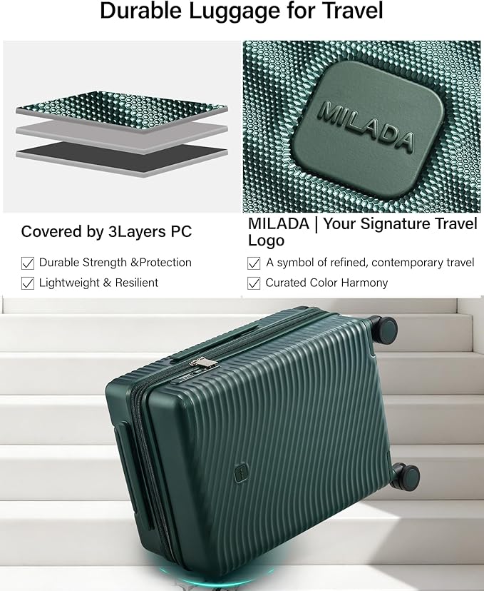 MILADA 28 Inch Large Expandable Checked Luggage - Hardshell Spinner Suitcase with 8 Wheels, TSA Lock, Durable PC Shell, Extra Large Capacity for Extended Travel, Lightweight Suitcase, Blackish Green