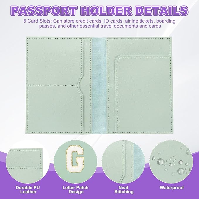 PATIKIL Passport Holder for Travel, Initial Passport Cover and Luggage Tag Set with Alphabet Chenille Letter Patch Travel Wallet Bag Suitcase Identifier for Women Family Travel Green G