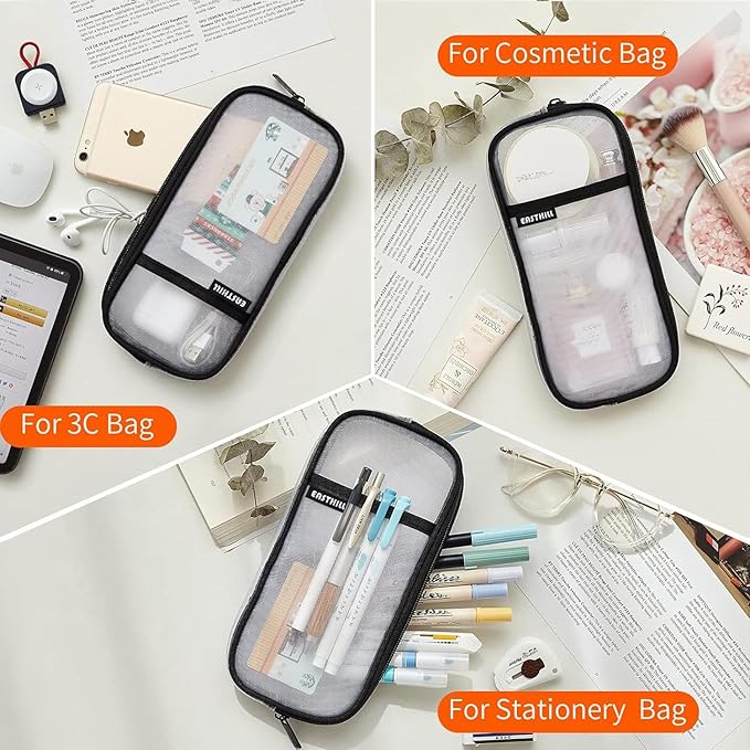 EASTHILL Grid Mesh Pen Pencil Case with Zipper Clear Makeup Color Pouch Cosmetics Bag Multi-Purpose Travel School Teen Girls and Boys Transparent Stationary Bag Office Organizer Box for Adluts(White