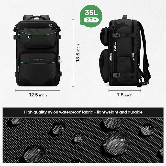 Maelstrom Travel Backpack for Men Women, 35L Carry on Backpack for Traveling on Airplane,with Belt Bag&Shoe Compartment,Waterproof Laptop Backpack fit 17”Laptop-Classic Black, Large