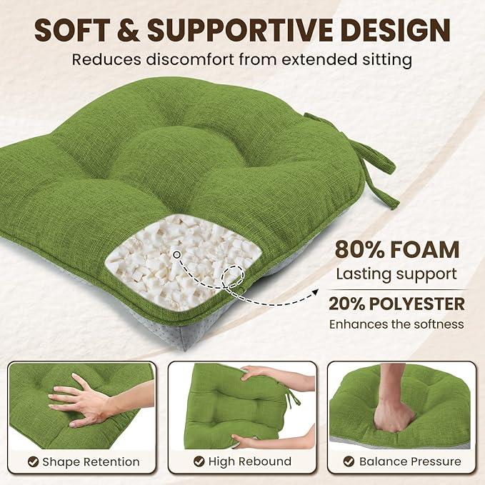 downluxe Indoor Chair Cushions for Dining Chairs, Tufted Overstuffed Textured Kitchen Chair Pads with Ties and Non-Slip Backing, 15.5" x 15.5" x 4", Grass Green, 4 Pack