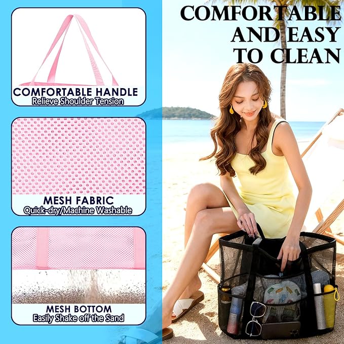 Fammart Mesh Beach Bag, Large Beach Tote with Zipper Pocket, Toys Pool Bag for Family Travel Vacation Cruise Essentials