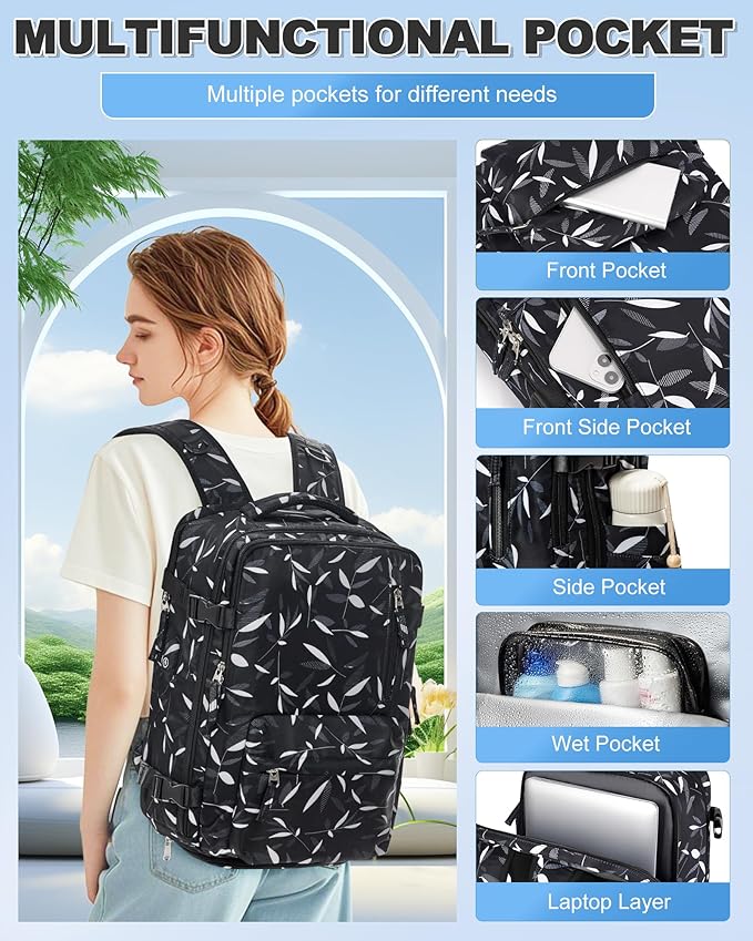 VGCUB Travel Backpack with Vacuum System Carry on 18x14x8 Inches Storage Compression Bags with Electric Pump Work Business Vacpack College Laptop Backpack for Women Men Leafy Black