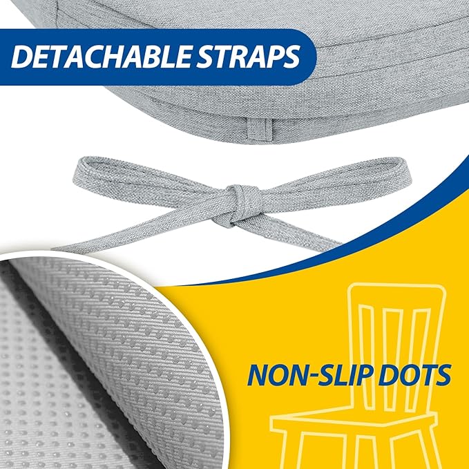 AAAAAcessories D-Shaped Chair Cushions, 2" Thick Dining Chair Pads with Ties and Removable, Machine-Washable Cover, 17" x 16", Set of 4, Gray