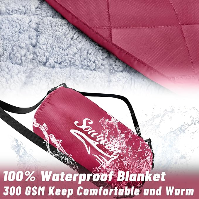 Waterproof Outdoor Blanket 82”X 55” Packable, Stadium Blankets for Camping with Sherpa Fleece Lining, Large Windproof Emergency Throw Mat for Garss Picnic Hiking Road Trip, Machine Washable, Wine