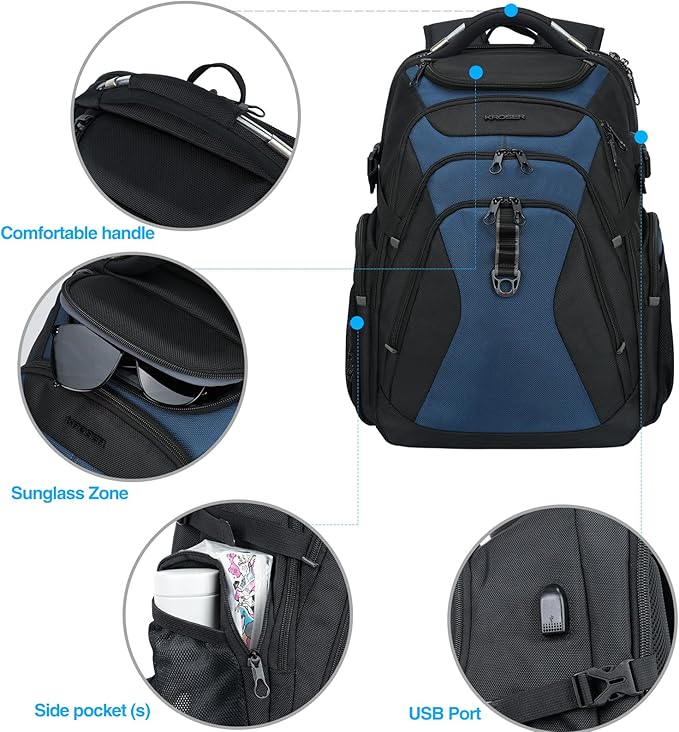 KROSER Travel Laptop Backpack 18.4 Inch XXXL Gaming Backpack with Hard Shell Saferoom RFID Pockets Water-Repellent Business College Daypack Stylish Laptop Bag for Men/Women-Black Haze Blue