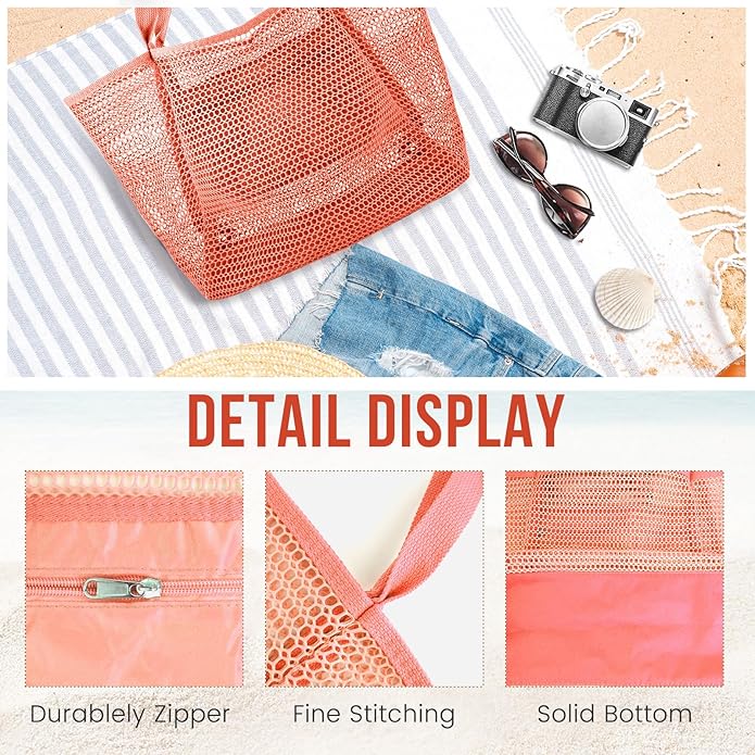Beach Bags for Women, Summer Travel Mesh Tote Bag with Large Inner Pocket, Sandproof Woven Shoulder Handbag