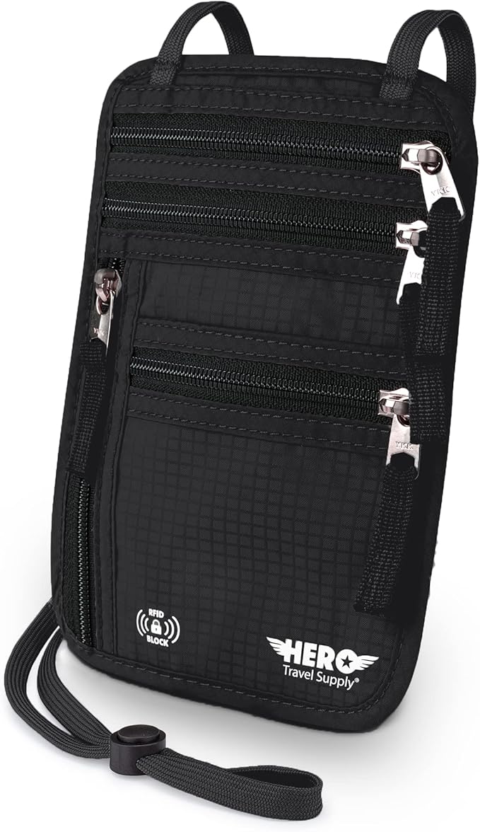 HERO Neck Wallet - RFID Blocking Passport Holder, Easy to Conceal Travel Puch (Black)