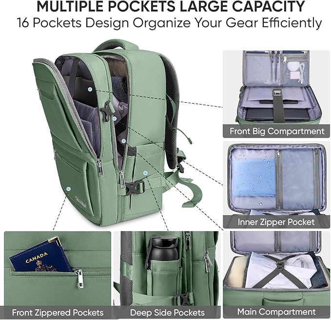 BALEINE Travel Backpack for Women Men, Large Sturdy Carry On Laptop Backpack Gifts for Business, Casual, Weekender, Hiking (Large, Olive Green)