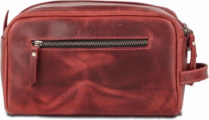 KomalC Leather Toiletry Bag for Men & Women – Handcrafted Travel Grooming Kit with Water-Resistant Lining and Secure Zipper Closure
