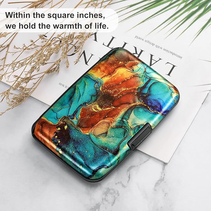 ELFISH Mini RFID Aluminum Wallet Credit Cards Holder Business Card Case Metal ID Case for Men Women（Blue Brown Marble