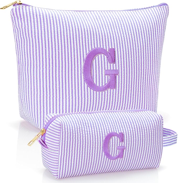 Personalized Initial Makeup Bag,Toiletry Travel Cosmetic Bag,Trendy Stuff for Teen Girls and Women,Holiday & Birthday Gift,2 Pack (G, Purple)