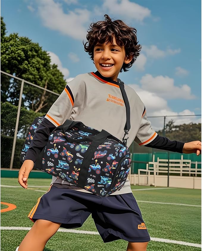 BTOOP Kids Overnight Bag for Boys Small Soccer Sports Gym Bags Duffle Tote With Shoe Compartment Toddler Weekender Sleepover Bags for Travel (Truck-Black)