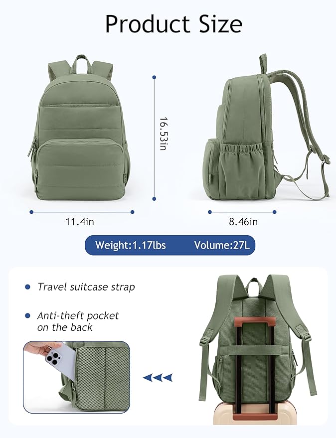 Travel Backpack for Women, 15.6 Inch Laptop Backpack, Quilted College Bookbag, Cute Work Backpacks, Water Resistant