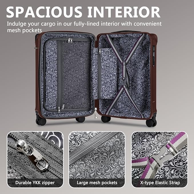 Joyway 20in Carry On Luggage with Cup Holder and USB Port, 25% Expandable Capacity, Smart Suitcase Set with Anti Slip Wheels and Handbag, Perfect for Men and Women (Coffee, Carry-On 20-Inch Handbag)