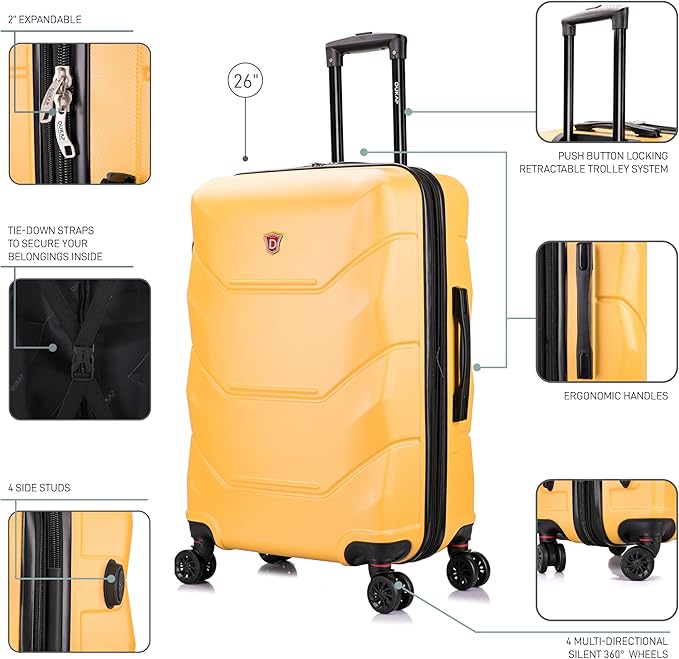 DUKAP ZONIX Luggage with Spinner Wheels | Durable Lightweight Hardside Suitcase, Spacious Travel Bag with Handle and Trolley | 26 Inch Medium Checked Luggage | Mustard