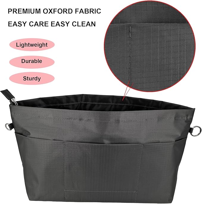 Time Wing Handbag Tote Purse Organizer Insert Bag Liner Shaper Divider Zipper 11 Pockets Compartments Large Dark Grey