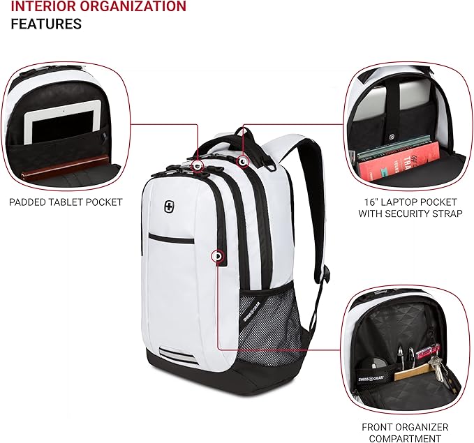 SWISSGEAR Cecil 18-Inch Laptop Backpack Fits 16-Inch Laptop, Travel Daypack with Organizer Pockets, Water Bottle Holders & Padded Straps – White
