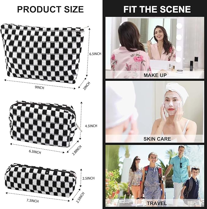 EIMMBD Makeup Bag 3 Pieces Large Capacity Checkered Cosmetic Bags Travel Toiletry Bag Organizer Cute Makeup Pouch Storage for Women(Black)