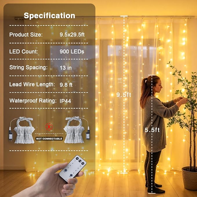 JMEXSUSS 900 LED Curtain Lights, Outdoor String Lights Indoor, 9.5x29.5ft | Warm White, Plug in with Remote, Christmas Twinkle Hanging Lights for Bedroom Living Room Wedding Backdrop Party Gazebo Decor