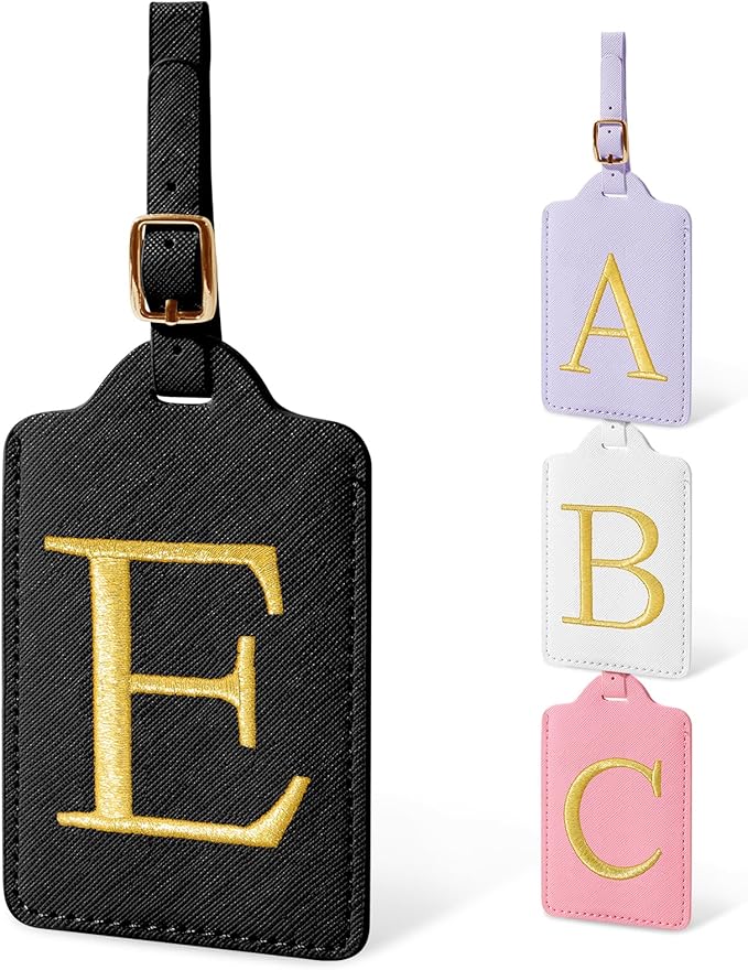 Initial Luggage Tags for Suitcases, Cute Embroidered Letter Luggage Bag Suitcase Identifier Name Baggage Tag, PU Leather Travel Luggage Tags, Bag Tags for Men Women Kids Luggage Handbags(Black E)