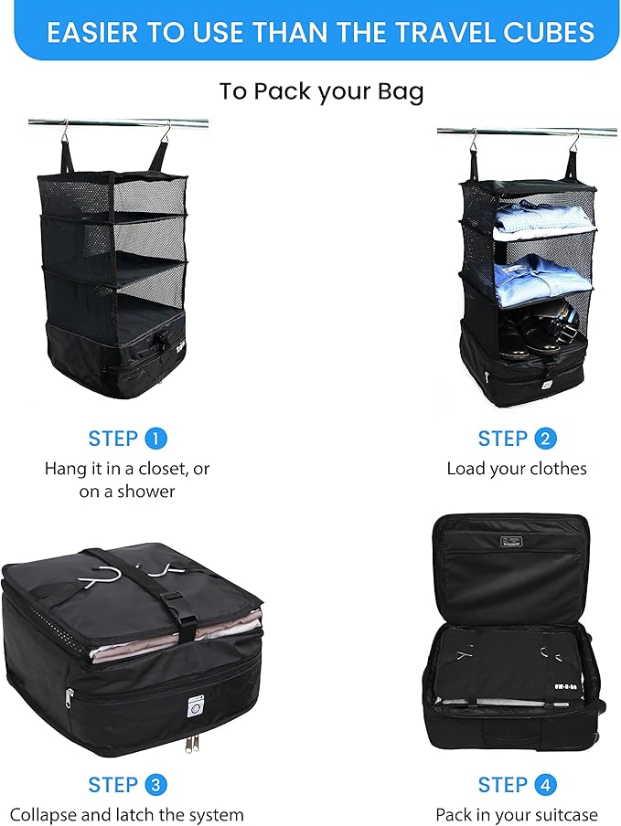 Grand Fusion Stow-N-Go Packing Organizer for Luggage, Portable Hanging Travel Shelves, Carry-On Closet, Hanging Packing Cubes, Collapsible Carry-On Organizer for Cruises & Hotels. Black - L