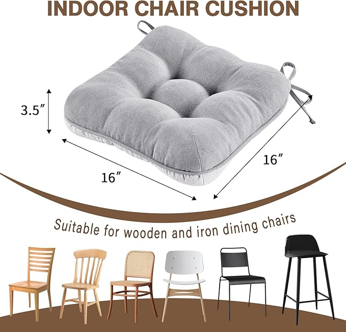 BETU Chair Cushions for Dining Chairs Set of 2,3.5" Thick Kitchen Table Chair Pads with Ties,Non Slip Backing and Covers, Seat Cushion for Dining Room,Bar,Patio Chairs,16"X16"X3.5",Light Grey