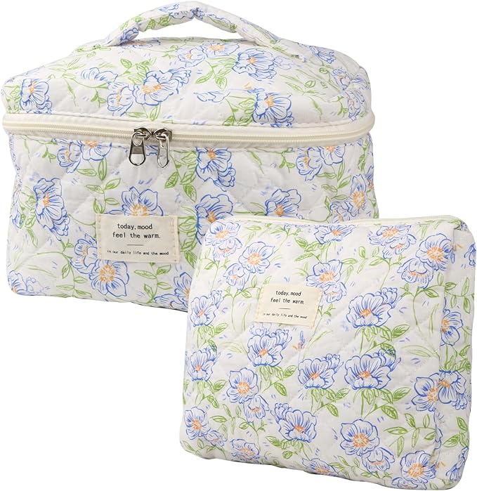 Cute Makeup Bag for Women(2 Pcs), Travel Cosmetic Bags, Quilted Coquette Aesthetic Floral Toiletry Organizer Bag (Blue Flower)