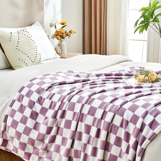 Checkered Blanket Flannel Throw Blankets Soft Cozy Checkered Grid Print Chessboard Gingham Pattern Throws for Bed Sofa Couch for All Seasons, 60x80 Inch, Purple