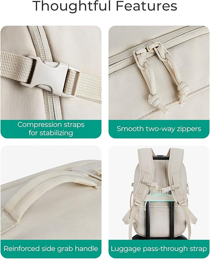BAGSMART Travel Backpack Women, 15.6 Inch Carry On Backpack Flight Approved, TSA Approved Personal Item Travel Bag, Water Resistant Weekender Bag Luggage Daypack, Beige