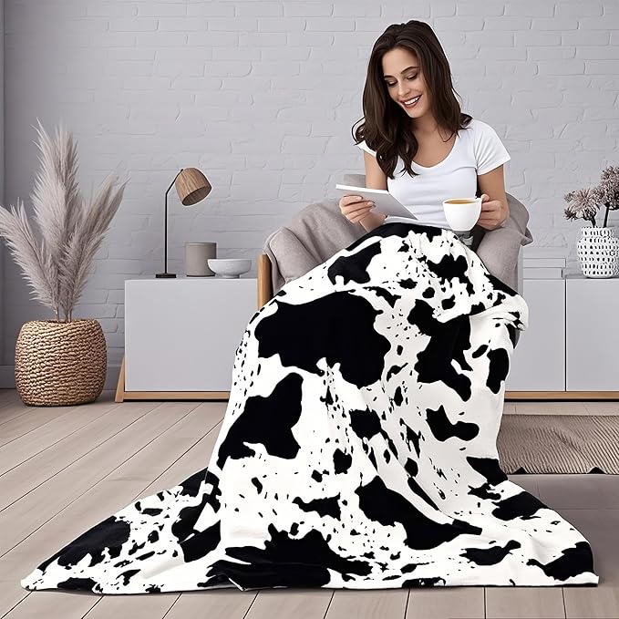 Cow Print Blanket, Ultra Soft Cozy Throw for Couch Bed and Travel, Cow Decor Throw Blankets for All Seasons 50"x60" (Black)
