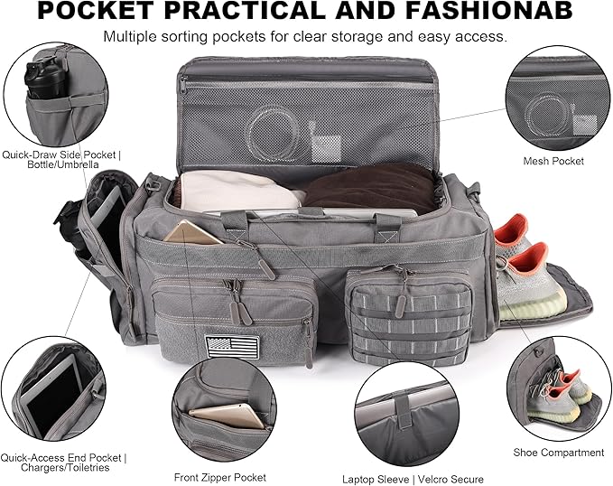 LHI 50L Tactical Duffle Bag for Men, 3-in-1 Gym Duffle and Backpack, Shoe Compartment, Laptop Sleeve and MOLLE, Carry-On Travel Weekender and Overnight Bag – Gray