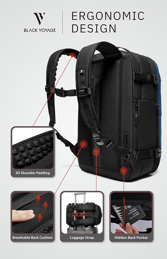 BlackVoyage Vortex Vacuum Seal Travel Backpack 60L Expandable Air Compression System Water Resistant TSA Lock Carry-On Suitcase Luggage Blue AERO - Vacuum Pump Included