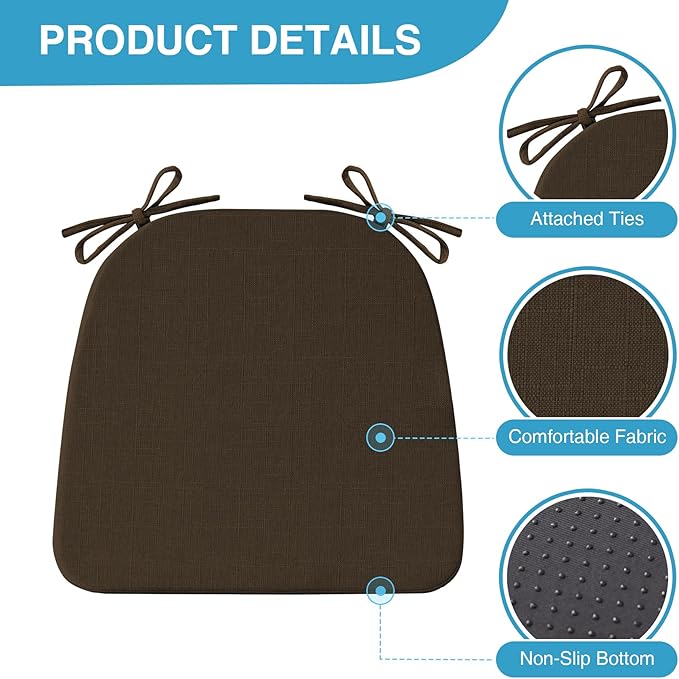 Chair Cushions for Dining Chairs Set of 6, Non Slip Kitchen Chair Pads, 17" x 16" x 2", Indoor Dining Chair Cushions with Ties, D-Shaped Seat Cushions for Kitchen Chairs, Brown