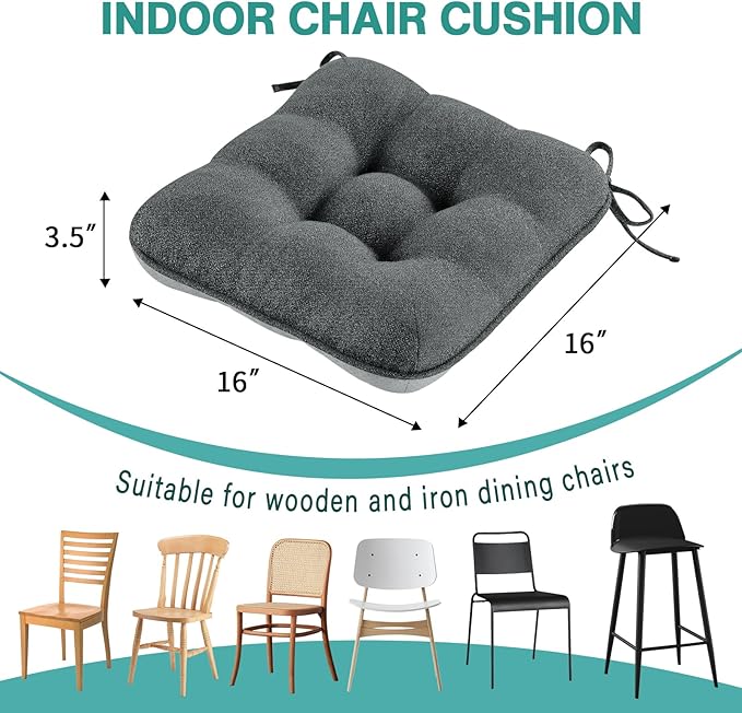 BETU Chair Cushions for Dining Chairs Set of 6,3.5" Thick Kitchen Table Chair Pads with Ties,Non Slip Backing and Covers, Seat Cushion for Dining Room,Bar,Patio Chairs,16"X16"X3.5",Dark Grey