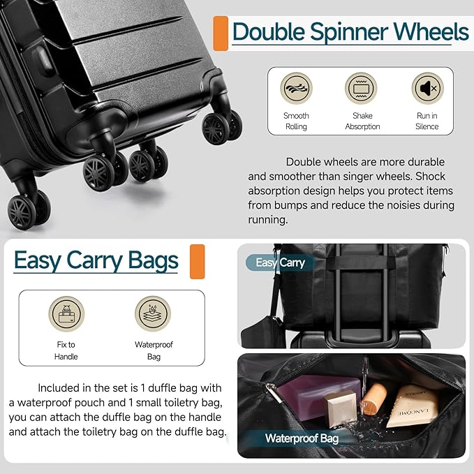Hoteel Luggage Sets 3 Piece, 4-Yr Warranty, PC+ABS Hard Shell Expandable Suitcases with Wheels, TSA Aproved Lock and Carry on Bags, Travel Suit Case Set for Men and Women, (3-Piece, Black)