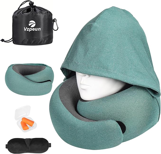 Travel Pillow - Hooded Neck Pillow Airplane Memory Foam Filling for Plane, Office, Cars Sleeping, Road Trip, Long Flights, Portable Plane Accessories, Includes Eye Mask & Earplugs (Green)